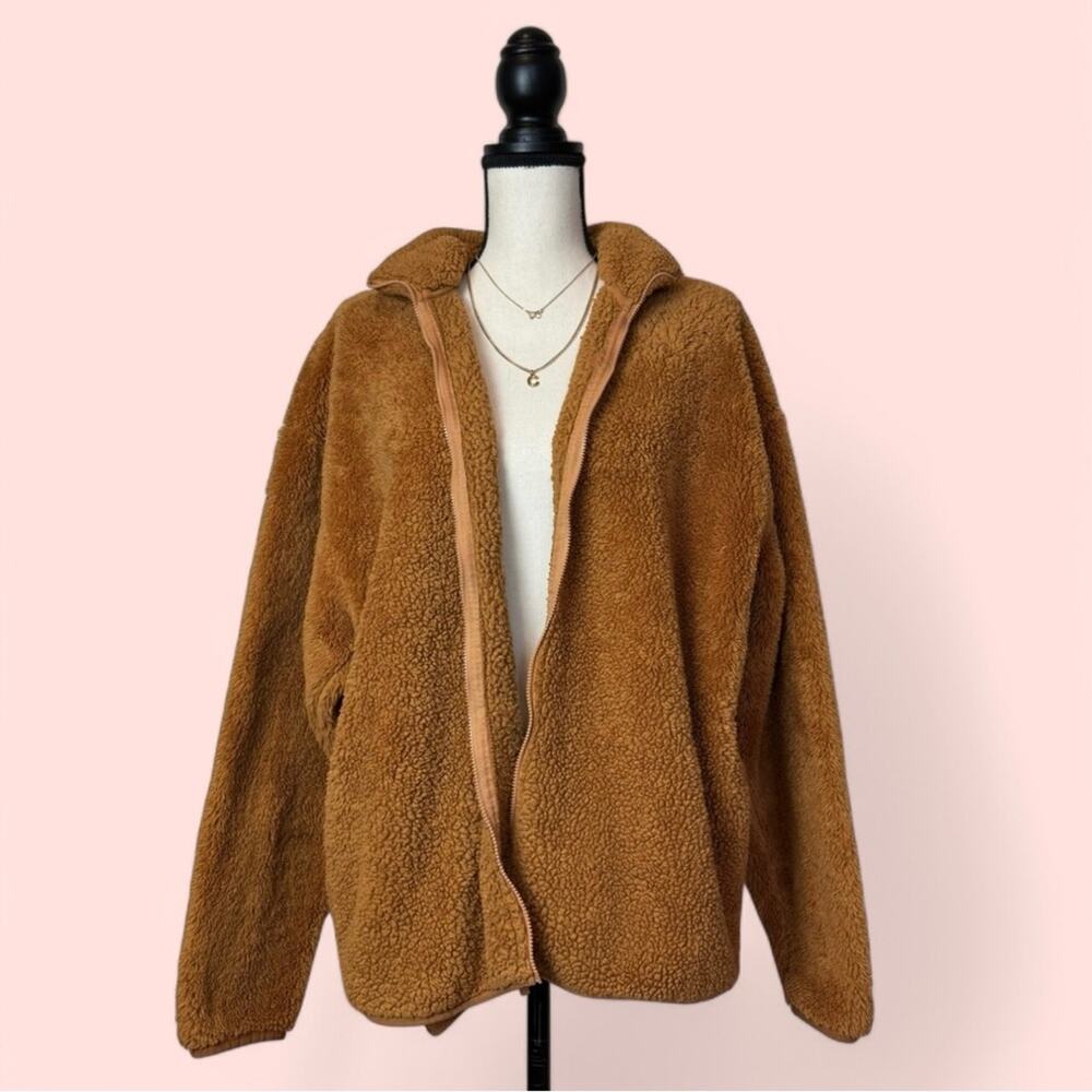 PINK Victoria's Secret Brown Teddy Sherpa Full Zip Jacket Women's Size L - Picture 2 of 7